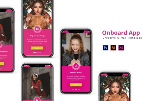 粉红色创意APP启动页设计模板 Onboard App Design