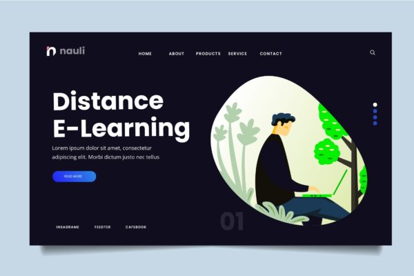 远程学习主题网站设计矢量插画素材 Distance Learning Web Header PSD and AI Vector