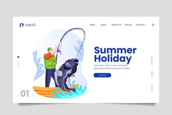 钓鱼假日主题网站设计矢量插画素材 Fishing Holiday Web Header PSD and AI Vector