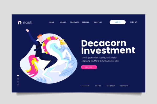 独角兽企业投资主题网站设计矢量插画素材 Decacorn Investment Web Header PSD and AI Vector