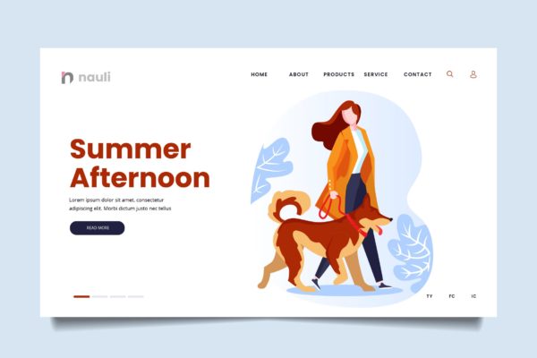 午后遛狗主题网站设计矢量插画素材 Afternoon Walk Web Header PSD and AI Vector
