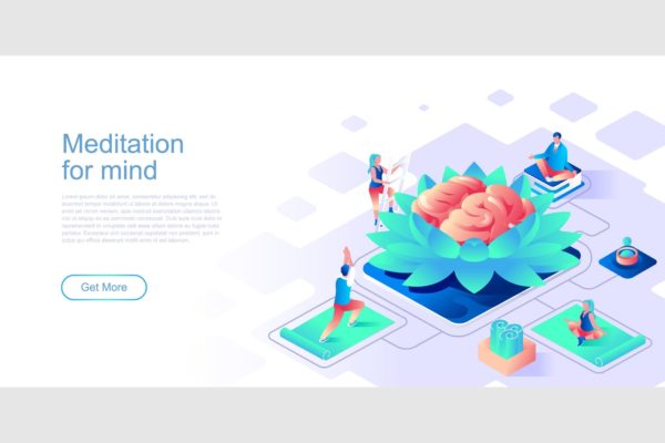 冥想瑜伽主题扁平设计风格网站等距蚂蚁素材精选概念插画 Meditation Yoga Isometric Flat Concept Header