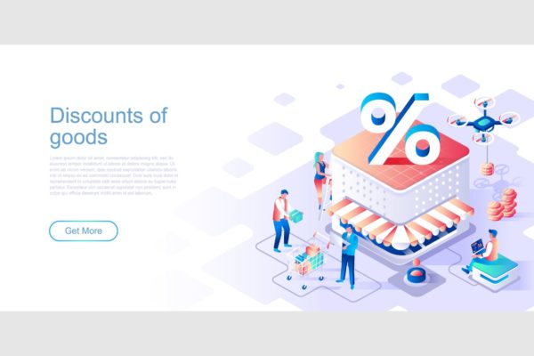 商品折扣主题扁平设计风格网站等距蚂蚁素材精选概念插画 Discounts of Goods Isometric Flat Concept Header