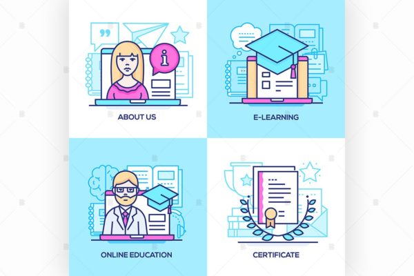 商业和在线教育线条艺术矢量插画 Business and online education – linear images
