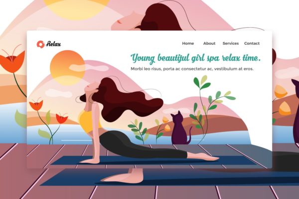网站着陆页设计瑜伽女郎矢量插画素材v2 Young Beautiful Girl Spa web template Landing Page