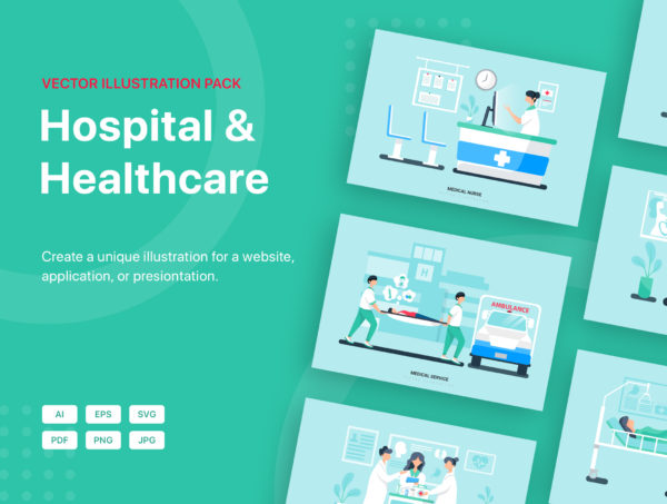 蚂蚁素材下午茶：医院和医疗保健场景矢量插画素材