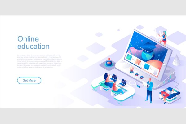 在线教育网络培训主题网站等距扁平风蚂蚁素材精选概念插画 Online Education Isometric Flat Concept Header