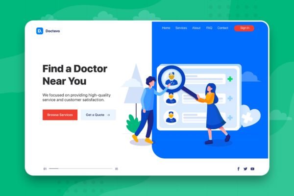 网站Banner&着陆页设计医生预约主题蚂蚁素材精选概念插画素材 Find a Doctor – Banner & Landing Page