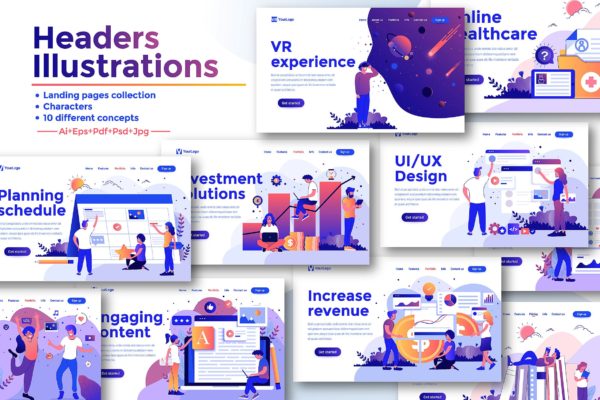 现代扁平化设计风格网站&APP设计第一素材精选概念插画合集 Landing page templates kit