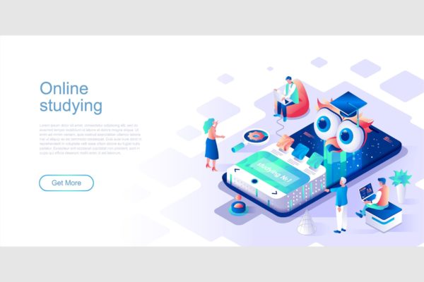 在线教育主题网站等距扁平风蚂蚁素材精选概念插画 Online Studying Isometric Flat Concept Header