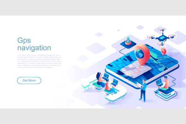 GPS导航主题网站等距扁平风第一素材精选概念插画 GPS Navigation Isometric Flat Concept Header