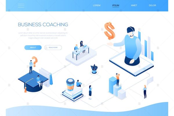 商业指导主题网站设计彩色等距第一素材精选概念插画 Business coaching – colorful isometric web banner