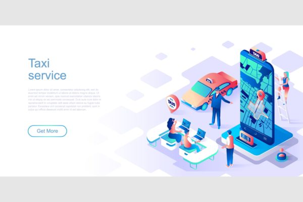 网约车主题网站等距扁平风第一素材精选概念插画 Taxi Service Isometric Flat Concept Header