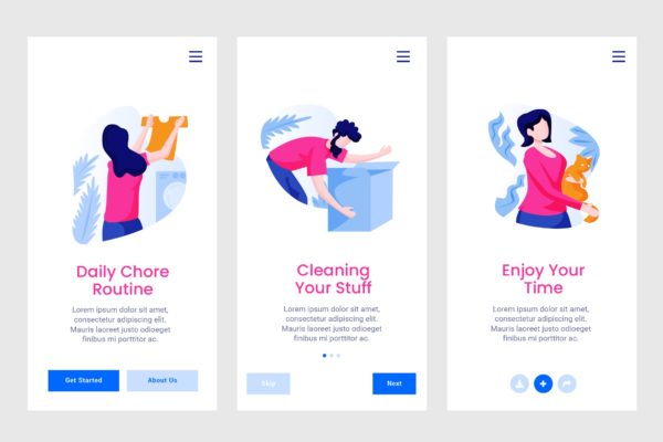 日程安排人物插画APP引导页启动页设计模板 Daily Schedule Apps Onboarding Screen PSD and AI