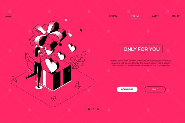 情人节&礼品赠送主题线条设计风格等距网站插画 Only for you – linear isometric web banner
