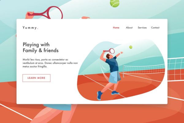男子网球运动员手绘插画网站着陆页设计模板 Male Tennis Player  web template Landing Page