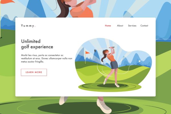 高尔夫运动员手绘插画网站着陆页设计模板 Playing Golf on the Field web template for Landing