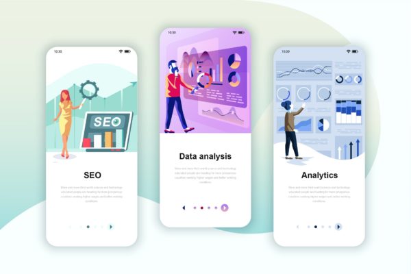 网站数据分析&SEO主题矢量插画APP引导页启动页设计模板 Instagram Stories Onboarding Screens Mobile App