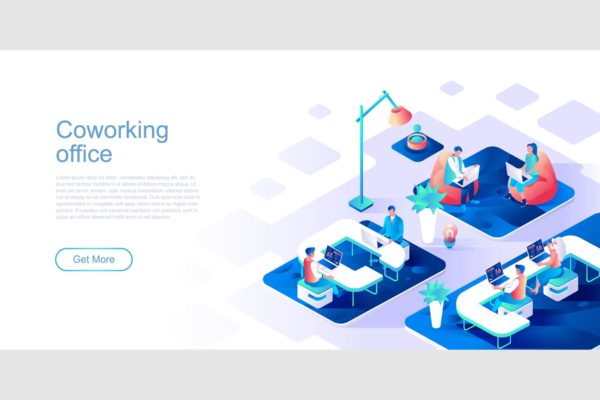 开放式办公区域主题网站设计等距第一素材精选概念插画 Coworking Office Isometric Flat Concept Header