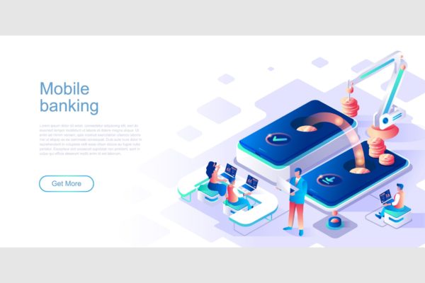 手机银行主题网站设计等距蚂蚁素材精选概念插画 Mobile Banking Isometric Flat Concept Header