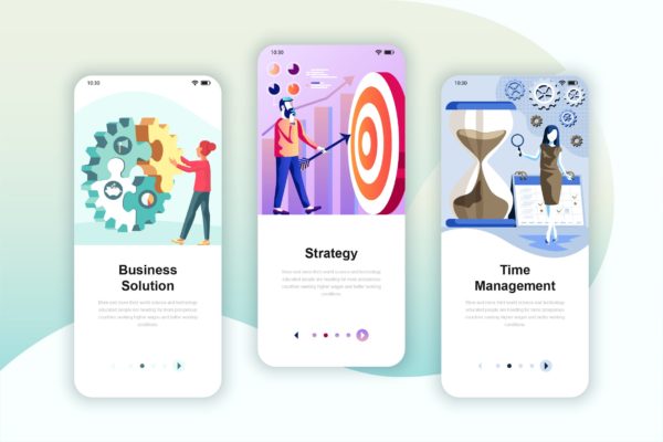 商业计划&项目管理主题矢量插画APP引导页启动页设计模板 Instagram Stories Onboarding Screens Mobile App