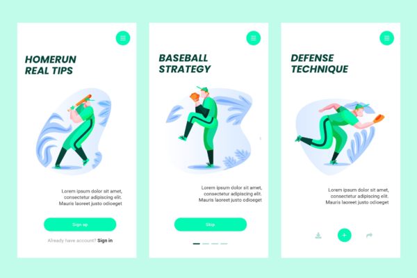 棒球运动人物插画APP引导页启动页设计模板 Onboarding Screen For Baseball Apps PSD and AI