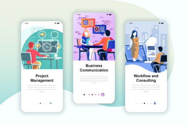 项目管理相关主题矢量插画APP引导页启动页设计模板 Instagram Stories Onboarding Screens Mobile App