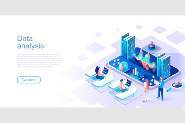 数据分析主题网站设计等距蚂蚁素材精选概念插画 Data Analysis Isometric Flat Concept Header