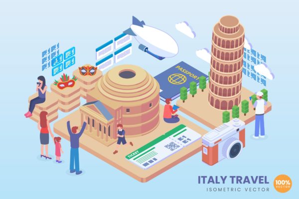 意大利旅行主题等距矢量第一素材精选概念插画 Isometric Italy Travel Vector Concept
