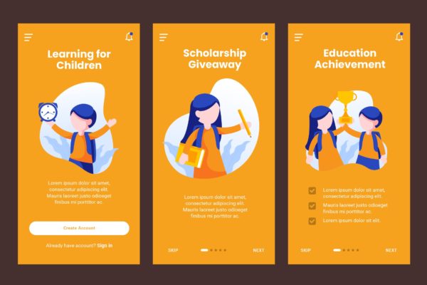 儿童教育人物插画APP引导页启动页设计模板 Onboarding Screen For Children Education Template
