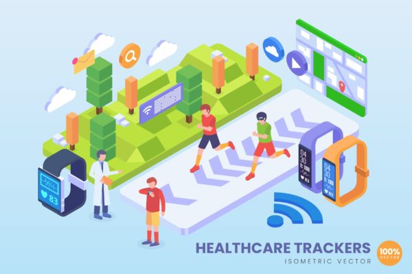 医疗跟踪技术等距矢量插画 Isometric Healthcare Trackers Technology Vector