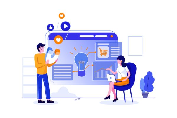 信息流营销主题矢量插画素材 Marketing team attracting customers on news feed