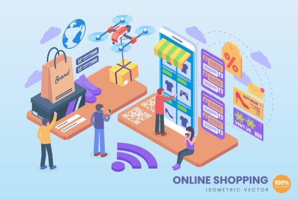 网上购物电子商务主题等距蚂蚁素材精选概念插画 Isometric Online Shopping Vector Concept