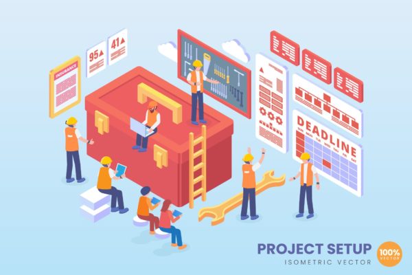 项目管理中心主题等距矢量第一素材精选概念插画素材 Isometric Project Setup Vector Concept