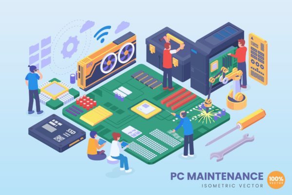 服务器维护/运维主题等距第一素材精选概念插画 Isometric PC Maintenance Vector Concept