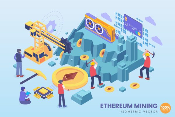 以太坊加密货币挖掘主题等距第一素材精选概念插画 Isometric Ethereum Mining Vector Concept