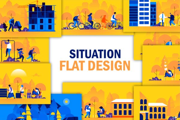 扁平设计风格人物场景网站&APP设计矢量插画素材 Flat People Scene Situation Landing Page