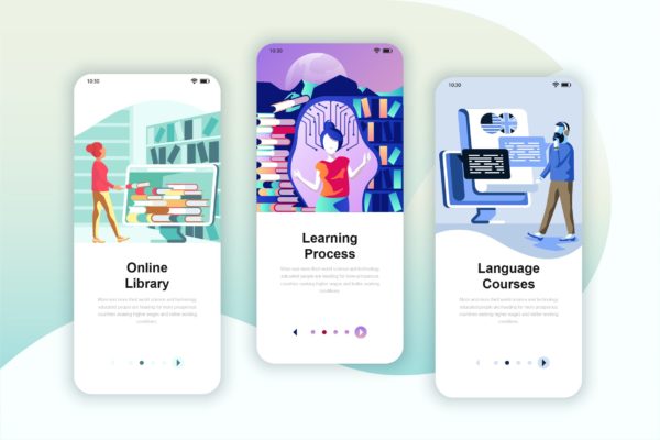 在线学习培训主题矢量插画APP引导页启动页设计模板 Instagram Stories Onboarding Screens Mobile App