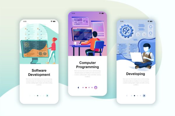 软件开发编程主题矢量插画APP引导页启动页设计模板 Instagram Stories Onboarding Screens Mobile App