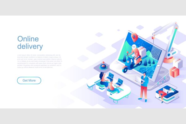 在线交付主题网站设计等距第一素材精选概念插画 Online Delivery Isometric Flat Concept Header