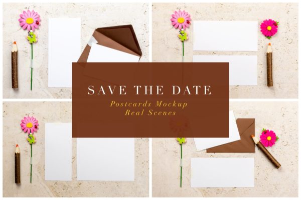 纪念日贺卡设计效果图样机第一素材精选 Save The Date Postcards Mockup