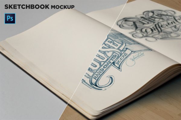 素描本内页设计/艺术作品展示特写镜头样机蚂蚁素材精选 Sketchbook Mockup Closeup