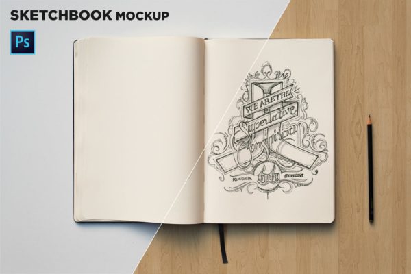 素描本内页设计/艺术作品展示顶视图样机蚂蚁素材精选 Sketchbook Mockup Top View