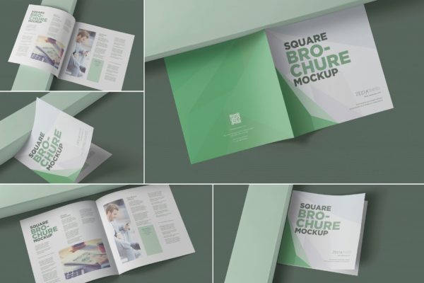 方形对折页宣传手册设计效果图样机第一素材精选 Square Bifold Brochure Mockups