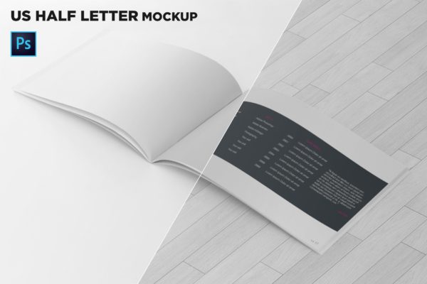 美国信纸规格宣传册内页透视图样机蚂蚁素材精选 US Half Letter Brochure Mockup Perspective View