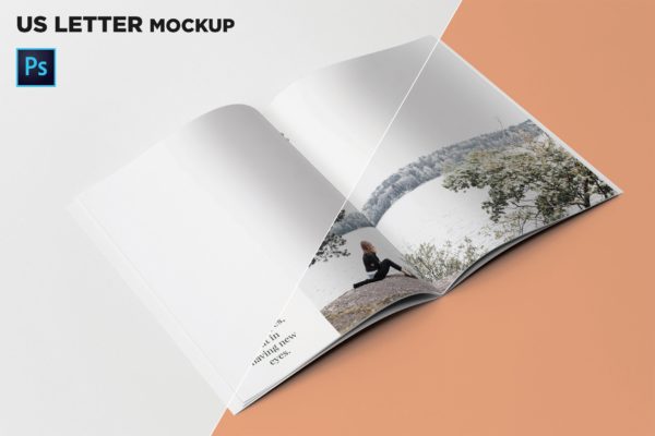 45度角视觉美国信纸规格宣传册内页版面效果图样机蚂蚁素材精选 US Letter Brochure Mockup 45 Degree