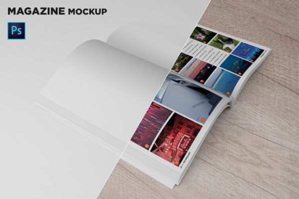 杂志内页排版设计45度角预览样机蚂蚁素材精选 Magazine Mockup 45 Degree