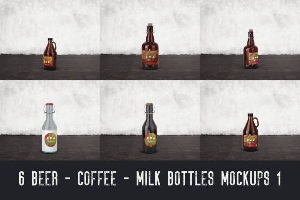 6个啤酒/咖啡/牛奶瓶外观设计蚂蚁素材精选v1 6 Beer Coffee Milk Bottles Mockups 1