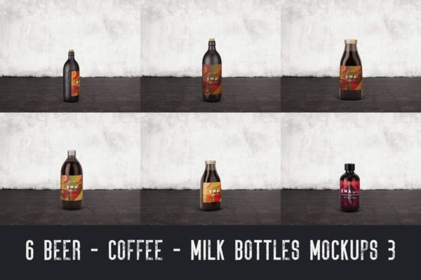 6个啤酒/咖啡/牛奶瓶外观设计蚂蚁素材精选v3 6 Beer Coffee Milk Bottles Mockups 3