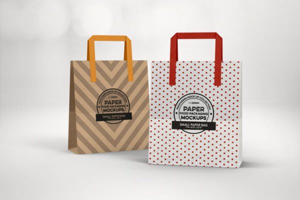 购物纸袋外观设计效果预览第一素材精选 Small Bags with Flat Handles Packaging Mockup